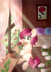 Size: 1000x1400 | Tagged: safe, artist:mitralexa, roseluck, earth pony, pony, g4, bed, crepuscular rays, cute, ear fluff, female, flower, indoors, mare, pillow, rosabetes, rose, sitting, sunlight, window