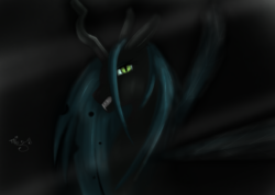 Size: 2279x1626 | Tagged: safe, artist:tokutateka, queen chrysalis, changeling, changeling queen, g4, black background, dark, eye glow, fangs, female, looking at you, sharp teeth, signature, simple background, solo, teeth