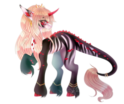 Size: 5286x4420 | Tagged: safe, artist:jukasaki, oc, oc only, classical unicorn, pony, unicorn, absurd resolution, anklet, bald face, blaze (coat marking), cloven hooves, coat markings, colored horn, crystal, crystal horn, ear piercing, ear tufts, earring, eyelashes, facial markings, female, gem, horn, jewelry, leonine tail, mare, piercing, pink hair, red eyes, red horn, signature, simple background, solo, stripes, transparent background, unshorn fetlocks