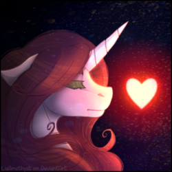 Size: 600x600 | Tagged: safe, artist:liaamethyst, oc, oc only, oc:red pearl, pony, unicorn, abstract background, eyes closed, female, floppy ears, heart, horn, mare, signature, solo, text