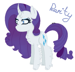 Size: 456x444 | Tagged: safe, artist:xxkalaxzyxx, rarity, classical unicorn, pony, unicorn, g4, alternate hairstyle, cloven hooves, eyelashes, eyeshadow, female, fluffy, horn, makeup, mare, ms paint, name, signature, simple background, solo, standing, text, unshorn fetlocks, white background