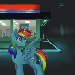 Size: 1700x1700 | Tagged: safe, artist:xjenn9, rainbow dash, ghost, pegasus, pony, g4, diner, female, night, scared, solo focus, spread wings, wings