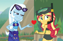 Size: 638x416 | Tagged: safe, edit, edited screencap, screencap, sunset shimmer, trixie, equestria girls, equestria girls specials, g4, my little pony equestria girls: better together, my little pony equestria girls: forgotten friendship, belly button, clothes, female, lesbian, midriff, sarong, ship:suntrix, shipping, shipping domino, sunglasses, sunglasses on head, swimsuit
