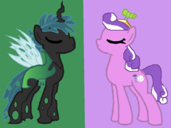 Size: 954x712 | Tagged: safe, artist:soulapple1031, screwball, oc, oc:mothball, changeling, earth pony, hybrid, pony, fanfic:daughter of discord, g4, blue hair, calm, canon x oc, changeling oc, digital art, duality, eyes closed, female, green background, hat, insect wings, interspecies offspring, male, mare, next generation, offspring, offspring shipping, parent:discord, parent:fluttershy, parent:queen chrysalis, parents:discoshy, propeller hat, purple background, ship:screwmoth, shipping, simple background, spread wings, straight, wings