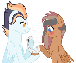 Size: 1024x857 | Tagged: safe, artist:misslittle20, oc, oc only, oc:blaze, oc:storm, pegasus, pony, bandage, base used, blue eyes, blushing, colored wings, colored wingtips, female, folded wings, looking down, looking forward, male, mare, oc x oc, offspring, offspring shipping, orange eyes, parent:quibble pants, parent:rainbow dash, parent:soarin', parent:spitfire, parents:quibbledash, parents:soarinfire, scrunchy face, shipping, simple background, smiling, stallion, straight, watermark, white background, wings