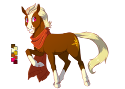 Size: 900x643 | Tagged: safe, artist:tutyrannosaurus, oc, oc only, oc:pathfinder, earth pony, pony, blaze (coat marking), blonde hair, clothes, coat markings, color palette, confident, facial markings, grin, hoers, hooves, looking at you, male, pink eyes, raised hoof, realistic horse legs, scarf, simple background, smiling, socks (coat markings), solo, stallion, transparent background, unshorn fetlocks