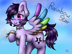 Size: 640x480 | Tagged: safe, artist:nijihoshi-oly, oc, oc only, oc:rainbow star, pegasus, pony, abstract background, bags under eyes, blue eyes, bracelet, colored wings, colored wingtips, cute, dimples, female, friendship bracelet, heterochromia, jewelry, looking at you, mare, multicolored wings, name, necklace, pink eyes, purple hair, rainbow wings, signature, smiling, solo, spread wings, stars, text, wings