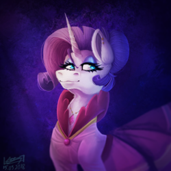 Size: 1600x1600 | Tagged: safe, artist:sakishithewolf, rarity, pony, unicorn, g4, alternate hairstyle, bun, clothes, dress, ear piercing, earring, eyelashes, eyeshadow, female, gala dress, grand galloping gala, horn, jewelry, looking away, makeup, mare, necklace, piercing, purple background, short mane, simple background, solo