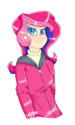 Size: 408x674 | Tagged: safe, artist:mlp004ninintv, oc, oc only, oc:pink comet, human, barely pony related, blue eyes, blue hair, blushing, clothes, female, hoodie, humanized, humanized oc, looking at you, pink hair, signature, simple background, smiling, solo, sweater, transparent background