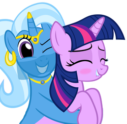 Size: 1024x996 | Tagged: safe, artist:navitaserussirus, edit, trixie, twilight sparkle, genie, g4, cropped, ear piercing, earring, female, headdress, horn, horn cap, horn jewelry, jewelry, lesbian, lip bite, necklace, piercing, ship:twixie, shipping, veil