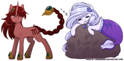 Size: 1600x792 | Tagged: safe, artist:linamomoko, oc, oc only, mermaid, merpony, pony, unicorn, annoyed, blue eyes, chibi, clothes, constellation, constellation hair, curly tail, curved horn, cute, drool, duo, ethereal mane, eyes closed, female, frown, hair tie, hairclip, horn, jewelry, lightly watermarked, mare, mermaid tail, narrowed eyes, necklace, pisces, ponified, ponyscopes, purple hair, red hair, rock, scorpio, scorpion tail, shoes, signature, simple background, sleeping, starry mane, transparent background, url, watermark, weapons-grade cute, zodiac, zzz