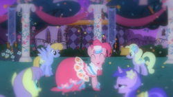 Size: 1280x720 | Tagged: safe, screencap, amethyst star, drizzle, parasol, pinkie pie, sparkler, spring forward, earth pony, pony, unicorn, g4, the best night ever, clothes, dress, eyes closed, female, flower, flower in hair, gala dress, mare