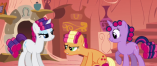 Size: 157x66 | Tagged: safe, screencap, applejack, rarity, twilight sparkle, g4, look before you sleep, golden oaks library, hair curlers, picture for breezies