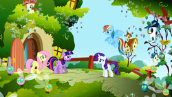 Size: 1280x720 | Tagged: safe, screencap, fluttershy, rainbow dash, rarity, twilight sparkle, parasprite, pegasus, pony, unicorn, g4, swarm of the century, bird house, fluttershy's cottage, swarm, unicorn twilight