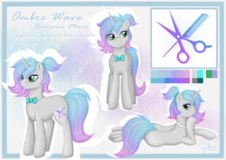 Size: 2480x1754 | Tagged: safe, artist:puggie, oc, oc only, oc:ombre wave, pony, unicorn, bowtie, butt, cutie mark, female, gradient mane, mare, plot, ponytail, reference sheet, solo