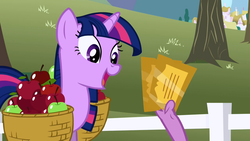 Size: 1280x720 | Tagged: safe, screencap, spike, twilight sparkle, pony, unicorn, g4, the ticket master, apple, apple basket, basket, food, gala ticket, happy, ticket