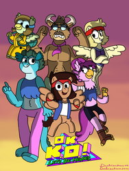 Size: 960x1280 | Tagged: safe, artist:dulcechica19, dragon, griffon, minotaur, pegasus, pony, anthro, carol kincaid, dendy, enid mettle, eugene garcia, k.o. (ok k.o.!), ok k.o.! lets be heroes, ponified, radicles x