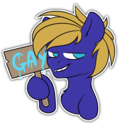 Size: 512x512 | Tagged: safe, artist:slumlordd, oc, oc only, oc:cloud quake, pony, chest fluff, male, sign, simple background, smug, solo, sticker, transparent background