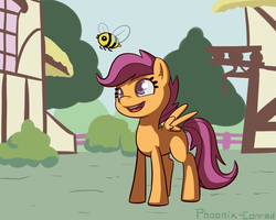 Size: 1126x900 | Tagged: safe, artist:phoenix-conrad, scootaloo, bee, bumblebee, insect, pegasus, pony, g4, female, filly, ponyville, solo