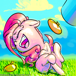 Size: 3000x3000 | Tagged: safe, artist:itsalwayspony, pinkie pie, earth pony, pony, g4, cloud, eyes closed, female, grass, high res, laughing, mare, open mouth, party cannon, sky, smiling, solo, water balloon, wet, wet fur, wet mane