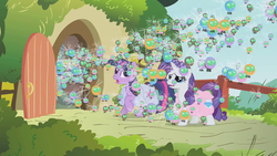 Size: 1280x720 | Tagged: safe, screencap, rarity, twilight sparkle, parasprite, pony, unicorn, g4, swarm of the century, duo, female, fluttershy's cottage, flying, mare, swarm, unicorn twilight