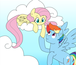 Size: 1150x973 | Tagged: safe, artist:dilemmas4u, fluttershy, rainbow dash, pegasus, pony, g4, cloud, female, half r63 shipping, looking at each other, male, on a cloud, rainbow blitz, rule 63, ship:flutterblitz, ship:flutterdash, shipping, straight, wings