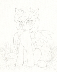 Size: 1561x1948 | Tagged: safe, artist:lispp, oc, oc only, pegasus, pony, unicorn, commission, monochrome, sketch, solo, traditional art, your character here