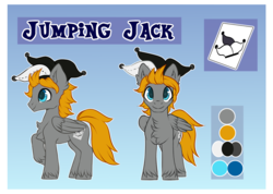 Size: 1000x712 | Tagged: safe, artist:cabbage-arts, oc, oc only, oc:jumping jack, pegasus, pony, blue eyes, color palette, commissioner:jumping jack, cutie mark, folded wings, hat, jester hat, looking at you, looking forward, male, orange hair, raised hoof, reference sheet, smiling, solo, stallion, standing, unshorn fetlocks, wings
