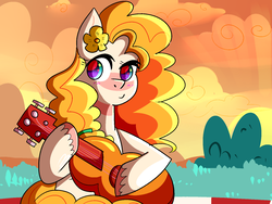 Size: 1600x1200 | Tagged: safe, artist:1racat, pear butter, earth pony, pony, g4, female, flower, flower in hair, guitar, hoof hold, looking at you, looking sideways, mare, sitting, smiling, solo