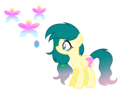 Size: 1728x1304 | Tagged: safe, artist:rainbows-skies, oc, oc only, oc:butterfly, pegasus, pony, female, interspecies offspring, mare, offspring, parent:fluttershy, parent:pharynx, parents:pharynxshy, simple background, solo, transparent background, two toned wings
