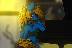 Size: 1024x687 | Tagged: safe, artist:starlyfly, oc, oc only, earth pony, pony, female, looking at something, looking down, mare, musical instrument, piano, profile, sitting, solo