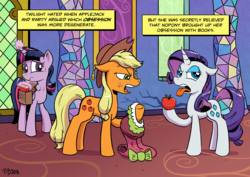 Size: 2047x1447 | Tagged: safe, artist:pony-berserker, applejack, rarity, twilight sparkle, alicorn, earth pony, pony, unicorn, g4, apple, bag, book, clothes, disgusted, dress, food, gulp, hoof hold, i can't believe it's not idw, looking away, magic, saddle bag, swallowing, sweat, sweatdrop, telekinesis, text, that pony sure does love apples, that pony sure does love books, that pony sure does love dresses, throat bulge, tongue out, trio, twilight sparkle (alicorn), unamused
