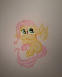 Size: 1024x1278 | Tagged: safe, artist:rurihal, fluttershy, fairy, fairy pony, pony, g4, blank flank, cute, female, filly, filly fluttershy, floating wings, shyabetes, solo, traditional art, younger