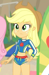 Size: 470x719 | Tagged: safe, screencap, applejack, blue crushed, equestria girls, g4, my little pony equestria girls: better together, belly button, clothes, cropped, curvy, female, geode of super strength, midriff, solo, surfboard, swimsuit