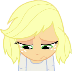 Size: 560x548 | Tagged: safe, edit, applejack, a case for the bass, equestria girls, g4, blonde, fanfic art, female, freckles, frown, hatless, missing accessory, sad, simple background, solo, story cover, story in the source, unhapplejack, white background
