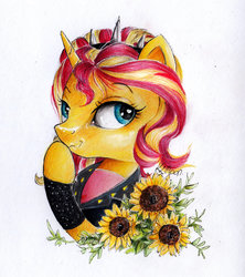 Size: 1024x1152 | Tagged: safe, artist:lailyren, sunset shimmer, pony, unicorn, g4, alternate hairstyle, bust, clothes, equestria girls outfit, female, flower, headband, horn, mare, portrait, simple background, solo, sunflower, traditional art