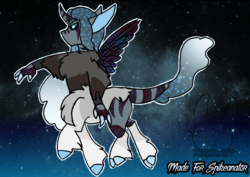 Size: 2232x1584 | Tagged: safe, artist:thebigearredbat, oc, oc only, ambiguous species, centaur, hybrid, g4, my little pony: the movie, agender, ethereal mane, horn, interspecies offspring, offspring, parent:queen parabola, parent:storm king, parent:tantabus, solo, starry mane, stars, wings