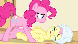 Size: 1280x720 | Tagged: safe, screencap, fluttershy, pinkie pie, earth pony, pegasus, pony, filli vanilli, g4, crying, duo, out of context, towel