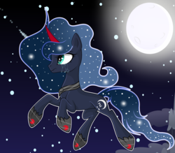 Size: 3625x3181 | Tagged: safe, artist:mlpscartyal, oc, oc only, pony, unicorn, base used, clothes, colored horn, crying, ethereal mane, floating, high res, horn, jewelry, moon, necklace, night, offspring, parent:king sombra, parent:princess luna, parents:lumbra, red horn, shoes, sky, solo, starry mane, stars