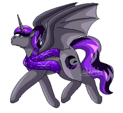 Size: 300x275 | Tagged: safe, artist:sketchthebluepegasus, oc, oc only, oc:midnight, alicorn, bat pony, bat pony alicorn, pony, alicorn oc, bat pony oc, clothes, pixel art, scarf, simple background, solo, transparent background