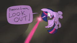 Size: 2048x1152 | Tagged: safe, artist:moonatik, twilight sparkle, alicorn, pony, g4, my little pony: the movie, alternate timeline, cloud, female, flying, implied princess luna, laser, looking down, magic, solo, twilight sparkle (alicorn), yelling