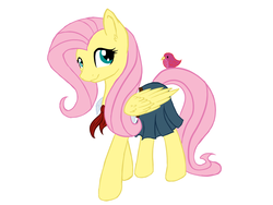 Size: 1600x1200 | Tagged: safe, artist:janecarol, fluttershy, bird, g4, clothes, cute, female, school uniform, shyabetes, simple background, smiling, solo, white background