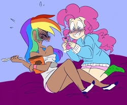 Size: 902x748 | Tagged: safe, artist:drawbauchery, artist:lordsauronthegreat, color edit, edit, pinkie pie, rainbow dash, human, g4, blushing, cellphone, clothes, colored, dark skin, embarrassed, eyes closed, female, food, humanized, ice cream, lesbian, open mouth, phone, ship:pinkiedash, shipping, smartphone, socks, starry eyes, wingding eyes