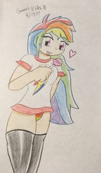 Size: 1535x2612 | Tagged: safe, artist:gmangamer25, rainbow dash, human, g4, candy, clothes, female, food, heart, humanized, lollipop, panties, rainbow underwear, solo, stockings, thigh highs, traditional art, underwear