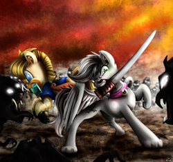 Size: 1700x1600 | Tagged: dead source, safe, artist:candyclumsy, oc, oc only, dog pony, back to back, badass, collar, duo, fight, sword, weapon