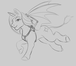 Size: 900x785 | Tagged: safe, artist:bunsketches, oc, oc only, pony, unicorn, artificial wings, augmented, gray background, leonine tail, mechanical wing, monochrome, simple background, sketch, smiling, solo, technically alicorn, wings