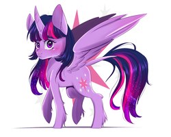 Size: 2500x2000 | Tagged: safe, artist:silbersternenlicht, twilight sparkle, alicorn, pony, g4, backwards cutie mark, blushing, curved horn, female, high res, horn, leonine tail, looking at you, mare, simple background, solo, spread wings, twilight sparkle (alicorn), white background, wings