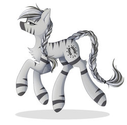 Size: 1600x1580 | Tagged: safe, artist:twotiedbows, oc, oc only, pony, zebra, braid, braided tail, chest fluff, looking at you, simple background, smiling, solo, trotting, white background, zebra oc