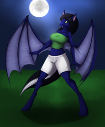 Size: 1400x1700 | Tagged: safe, artist:tomek1000, oc, oc only, oc:luna song, bat pony, anthro, unguligrade anthro, bat wings, clothes, fangs, female, midriff, moon, shorts, solo, tube top, wings