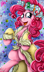 Size: 1024x1676 | Tagged: safe, artist:ebonyinkstone, pinkie pie, spirit of hearth's warming presents, earth pony, pony, a hearth's warming tail, g4, abstract background, chest fluff, clothes, female, mare, open mouth, ponk, prehensile mane, rearing, robe, solo, unshorn fetlocks